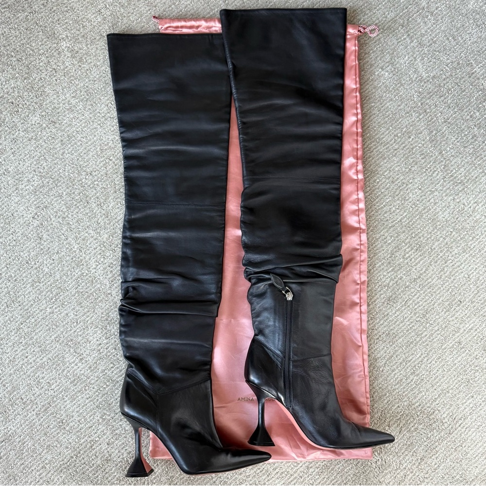 Amina Muaddi Leather Black Over-the-Knee Olivia Boots. EU 38 size, true to size! - Picture 3 of 16